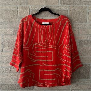 NOEN Abstract Print Beige Orange 3/4 Sleeve Textured Top Sz 6 Artsy Lagenlook